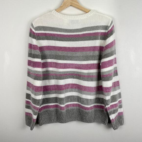 VTG Alfred Dunner Sweater LP Purple White Striped Chenille Pullover Grandma - Picture 3 of 15
